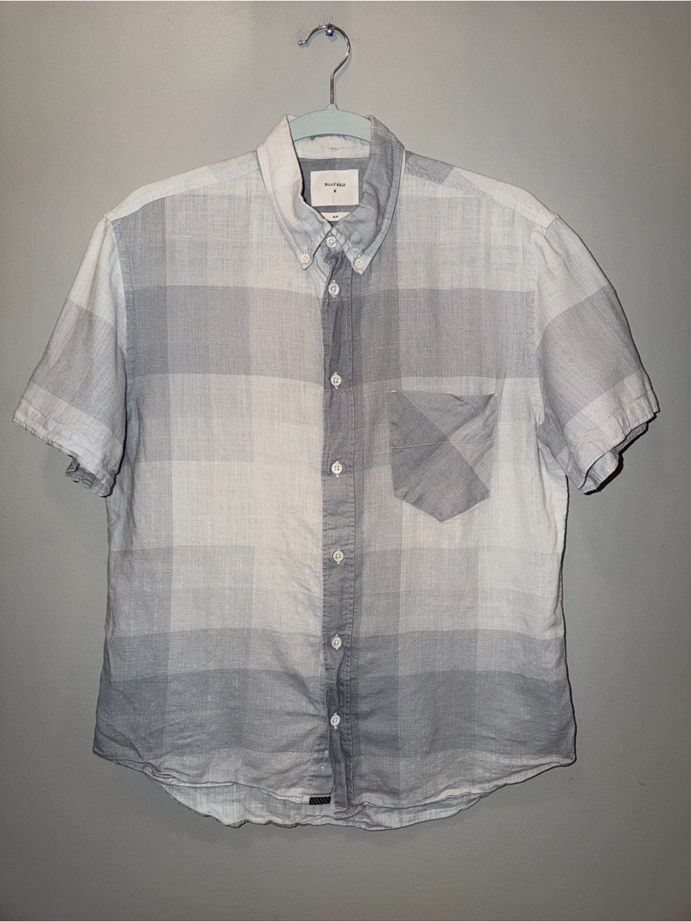 Billy Reid Grey & White Plaid Short Sleeve Button Down Shirt size Medium